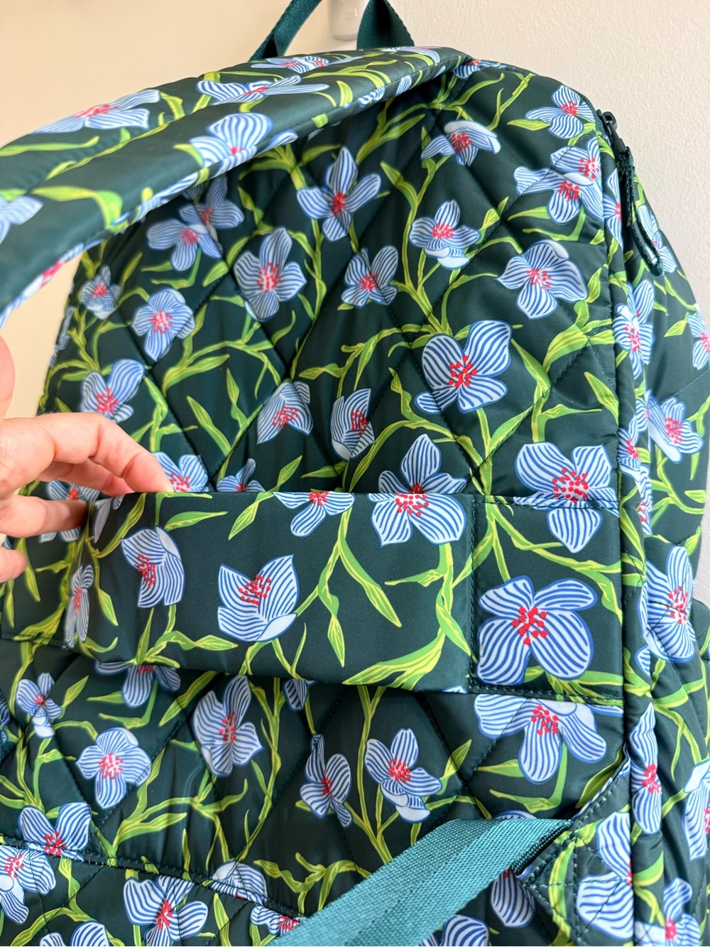 Vera Bradley Dark Green Backpack with Light Blue Floral Print - Picture 12 of 13